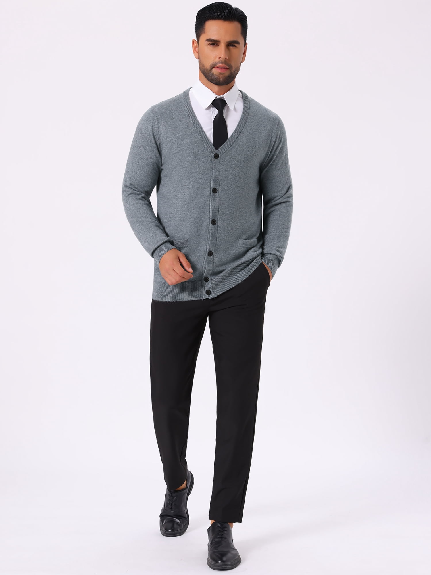 DARING DIVA Men's V Neck Long Sleeved Button Down Knit Sweater with Pockets M Light Gray