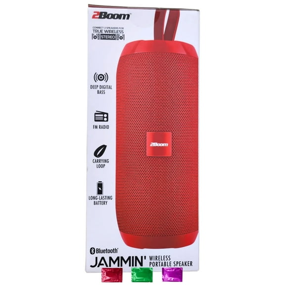 2Boom Jammin' Wireless Portable Speaker Red, Deep Bass, Long Battery, Lightweight, Travel-Friendly, Easy Carry Strap 1Ct with Snoep in Beperkte Oplage