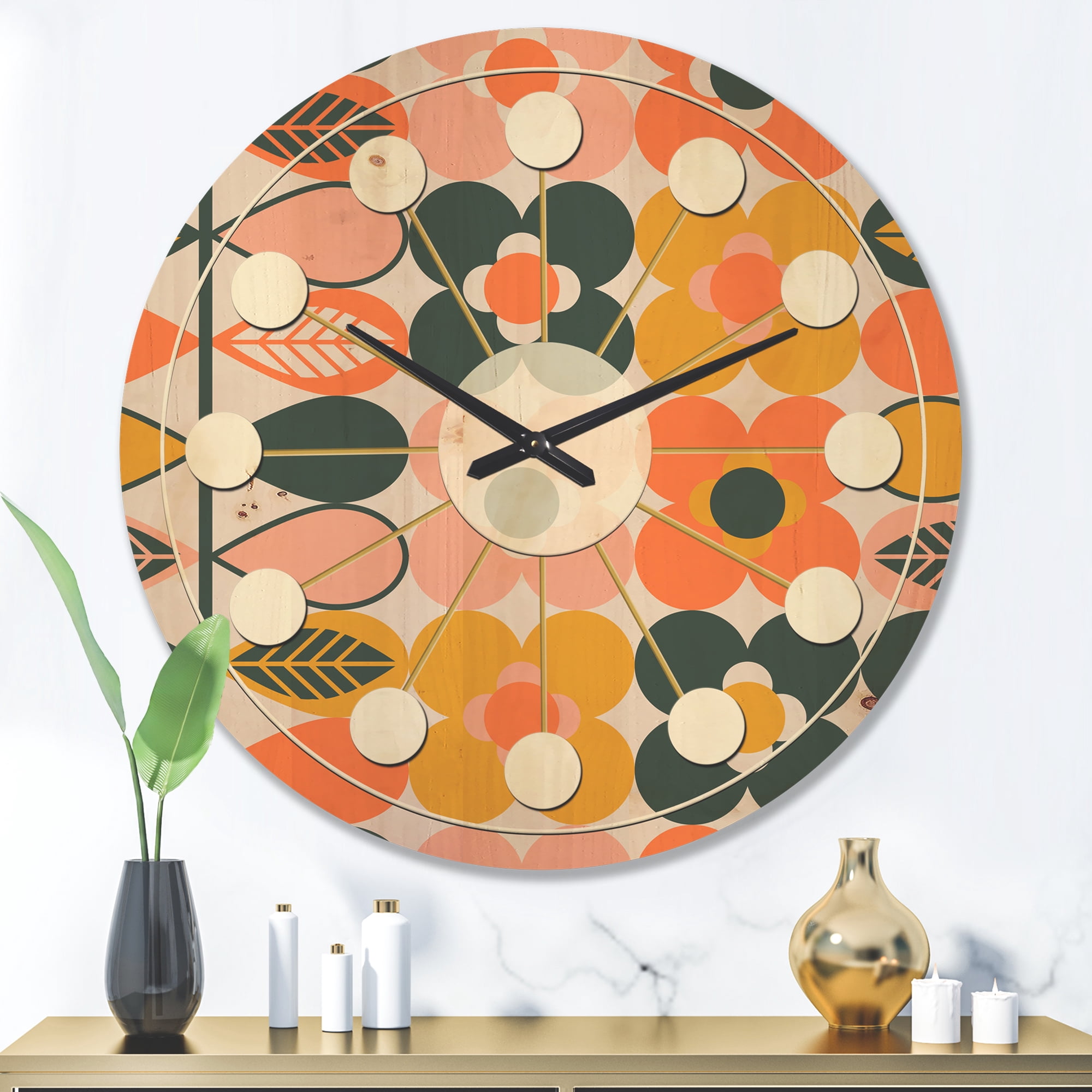 Designart 'Botanical Retro Pattern Design II' Mid-Century Modern Wood Wall Clock