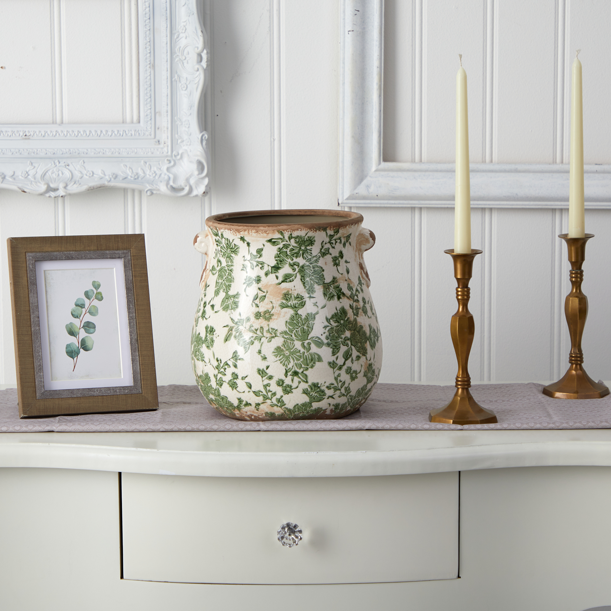 Nearly Natural 10" x 9.5" x 9.5" Tuscan Ceramic Green Scroll Planter