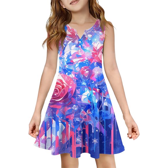 Abcomgle 4th of July Patriotic Dresses for Girls Tie Dye Graphic Patriotic Dresses V-Neck A-Line Sleeveless Midi Dress Cute Holiday Independence Day Skirt with Pockets for 4-14t Kids