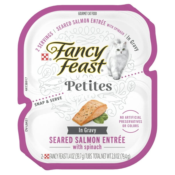 12 Pack Fancy Feast Gourmet Gravy Wet Cat Food Petites Seared Salmon With Spinach Entree 2 8 Oz Tubs Walmart Com