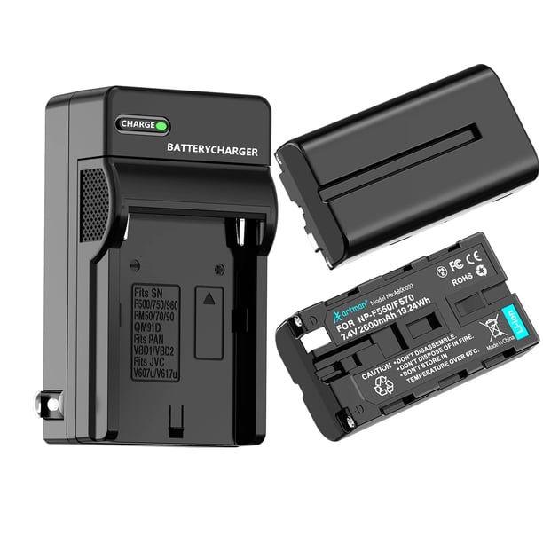 Artman NP-F550 - Paquete de 2 baterías y cargador de pared para cámara Sony NP F550 F530 F970 F960 F770 F750 F330 CCD-SC55 TR516 TR716 TR818 TR910 TR917 CN-160 CN-216 Luz de vídeo LED (2600 mAh)