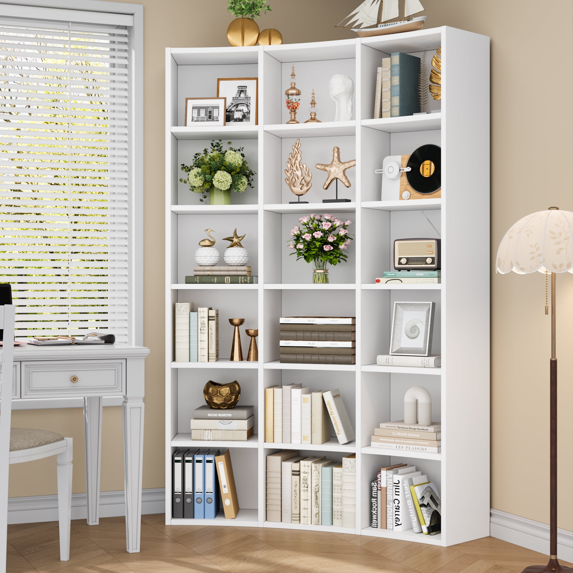 Cikuso 71" Triple Width Bookcase, 18-Cube Curved Bookshelf Corner Bookcase, Curve Shape Display Storage Shelf for Living Room, Home Office, White