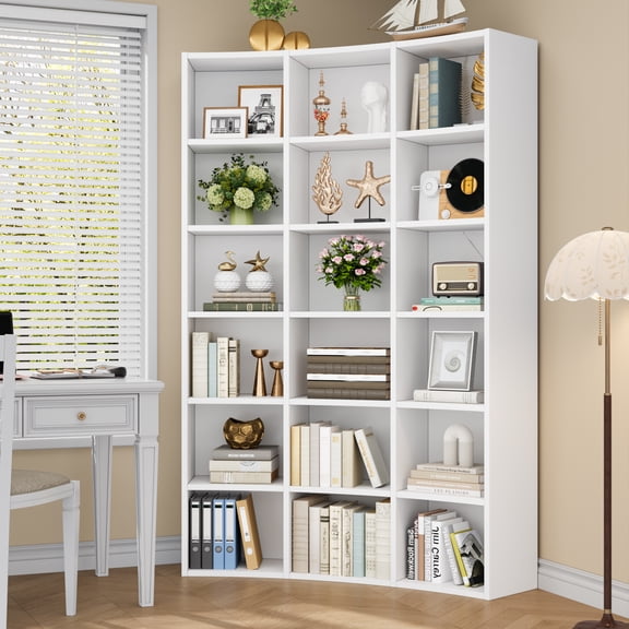 Semoic 6 Tier Triple Width Bookcase, 71" Tall Bookshelf Corner Bookcase with 18-Cube, Curve Shape Display Storage Shelf for Living Room, Home Office, White