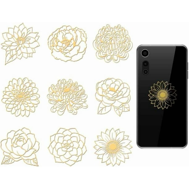 9 pegatinas de flores de 1,6 x 1,6 pulgadas, autoadhesivas de metal dorado, decorativas, para bordes de álbumes de recortes, con estampado dorado.