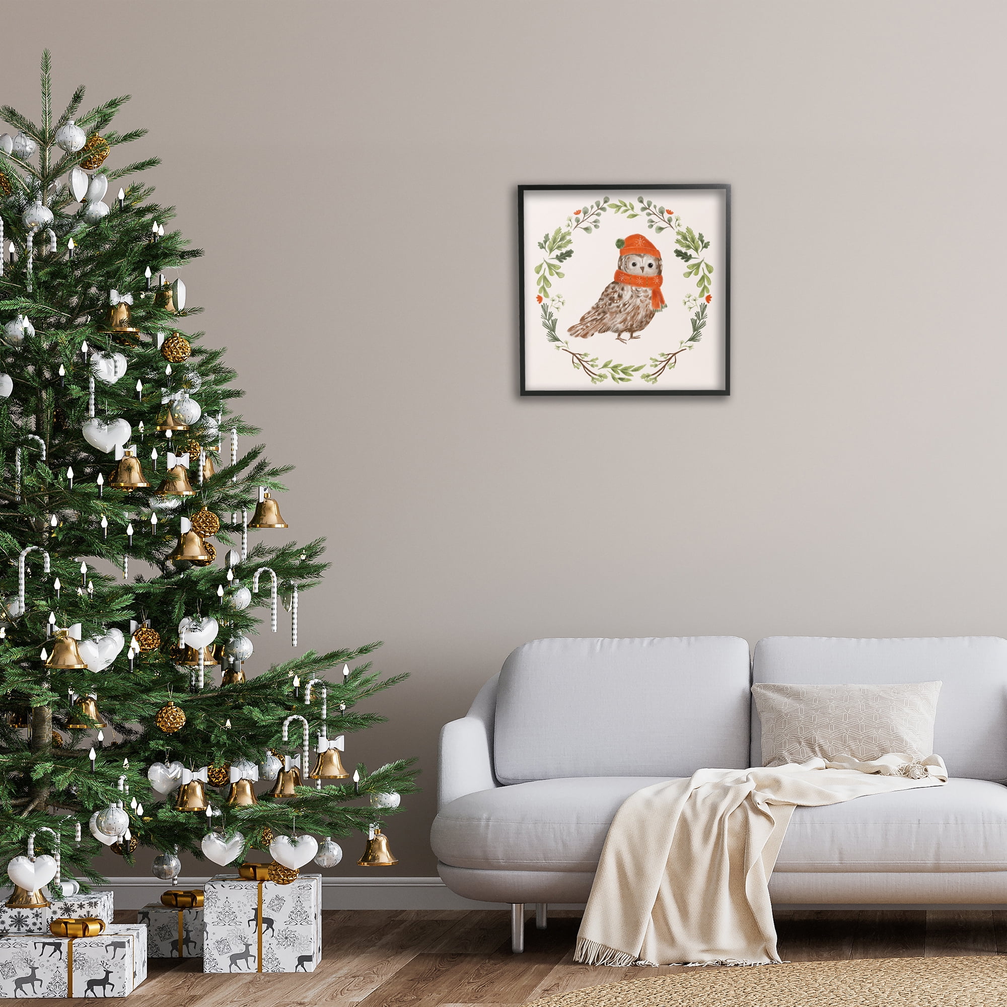 Stupell Industries Holiday Owl Wreaf Holiday Painting Black Framed Art Prints Wall Art, 24 x 24