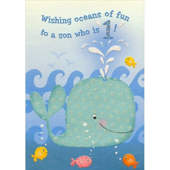 Designer Greetings Light Green Whale Spouting Water Juvenile 1st / First Birthday Card for Son