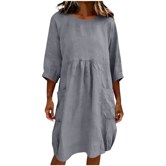 Ankola Womens Linen Cotton Midi Dresses Solid 3/4 Sleeves Maxi Casual Dress with Pockets