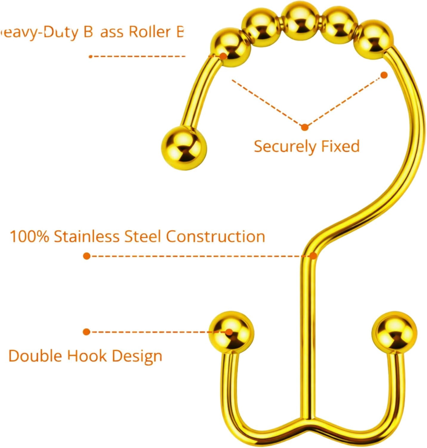Shower Curtain Hooks Rings Gold, Rust Proof Stainless Steel Easy Glide Shower Curtain Rings, Double Sided Shower Hooks Rings for Bathroom Shower Rods Curtains, Set of 12 Hooks - Gold