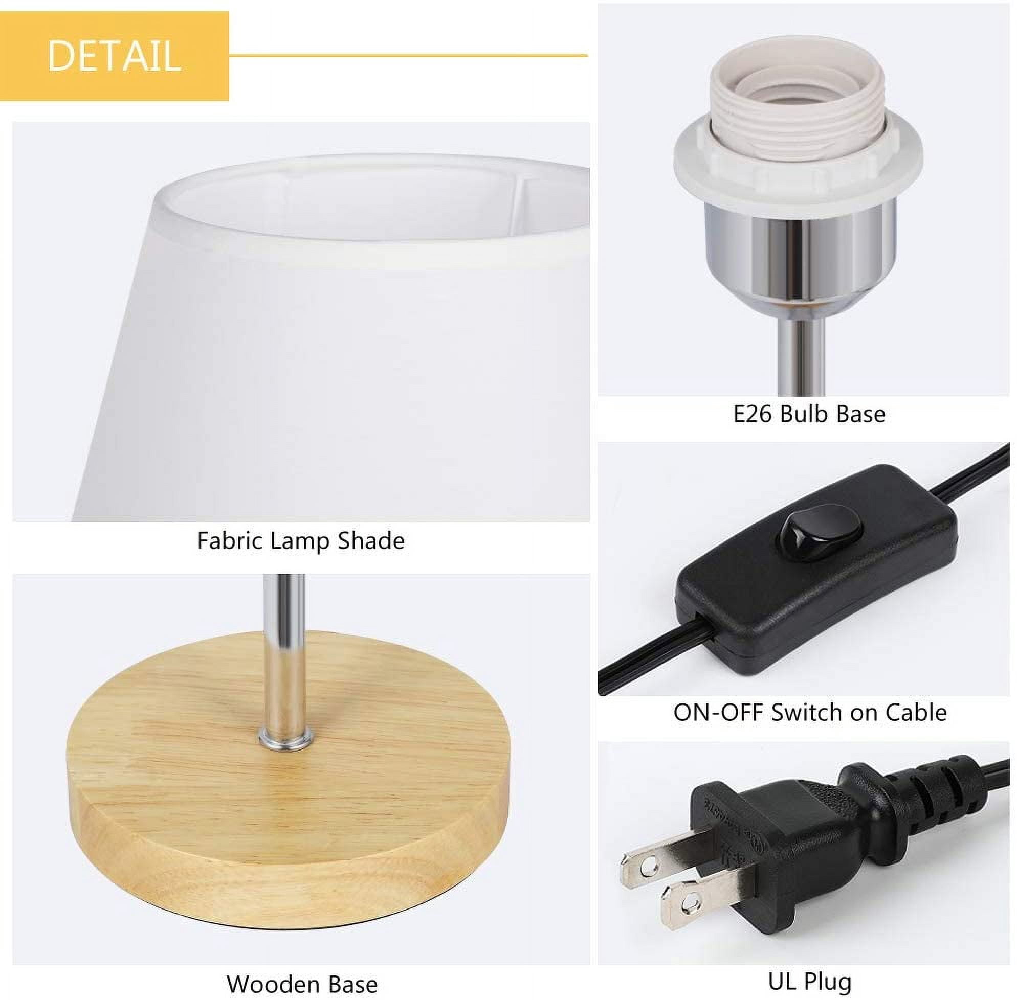 Haitral 4.7" 2-Lights Bedside Lamp Sets with Wooden Base Fabric Shade, Silver, 2-Pieces