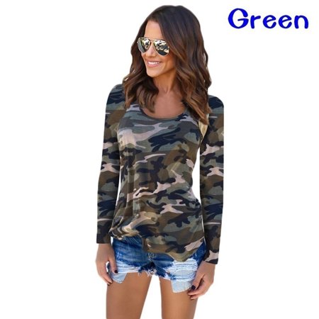 Womens Fashion Colour 7 Color Autumn and Winter Women Casual Fashion Camouflage Printed Long Sleeve Blouse Basic Bottoming Cotton T-shirt ()