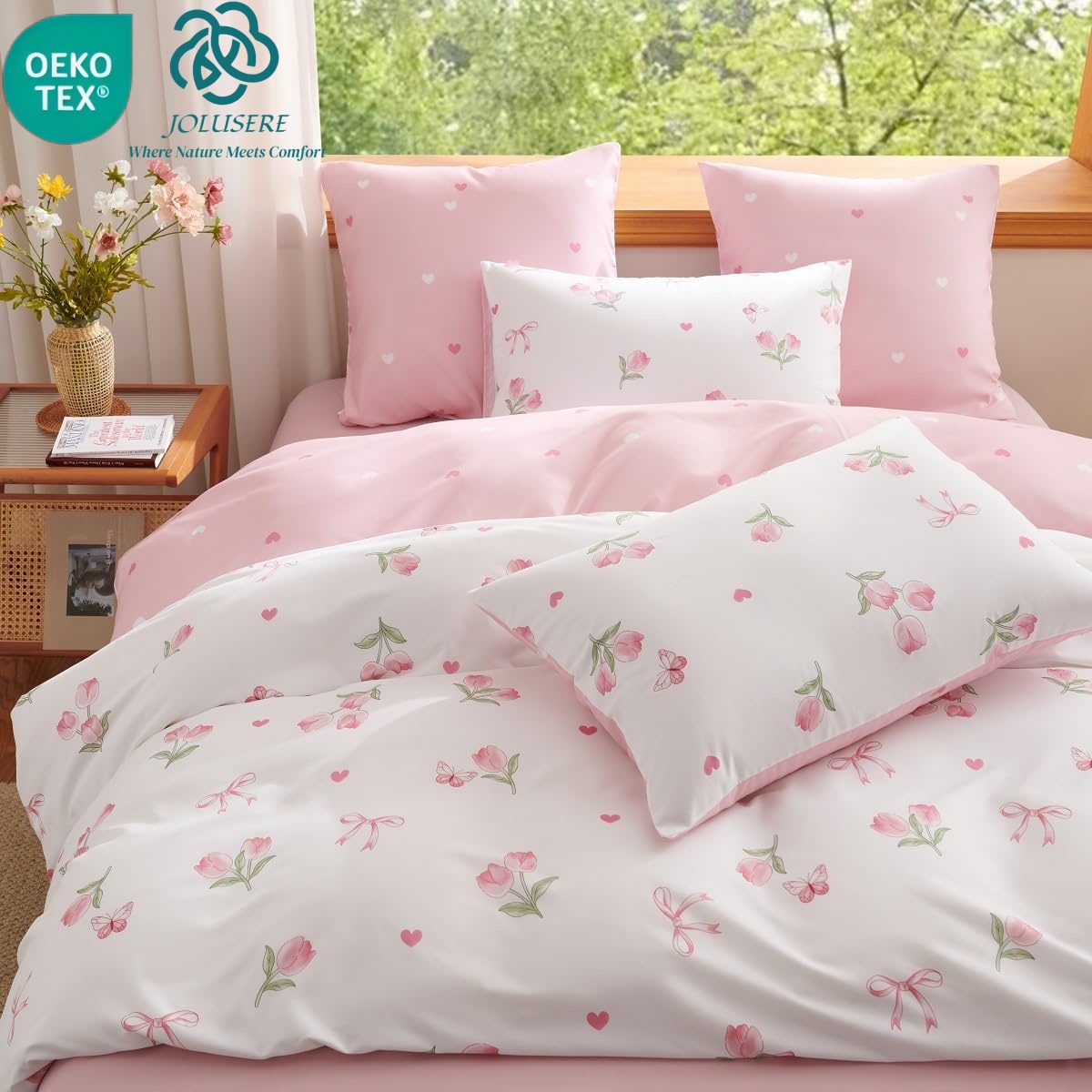 JOLUSERE Pink Tulip Twin Comforter Set, 2-Piece Pink Flowers Reversible Soft Bedding Set or Adults All Season