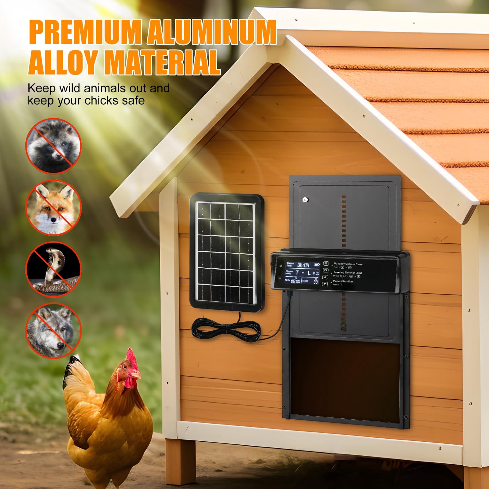 Automatic Chicken Coop Door Solar Powered, LCD Display Automatic Chicken Door with Timer & Light Sensor, Aluminum Alloy Chicken Door with Remote Control & 4 Modes Automatic Chicken Door Solar