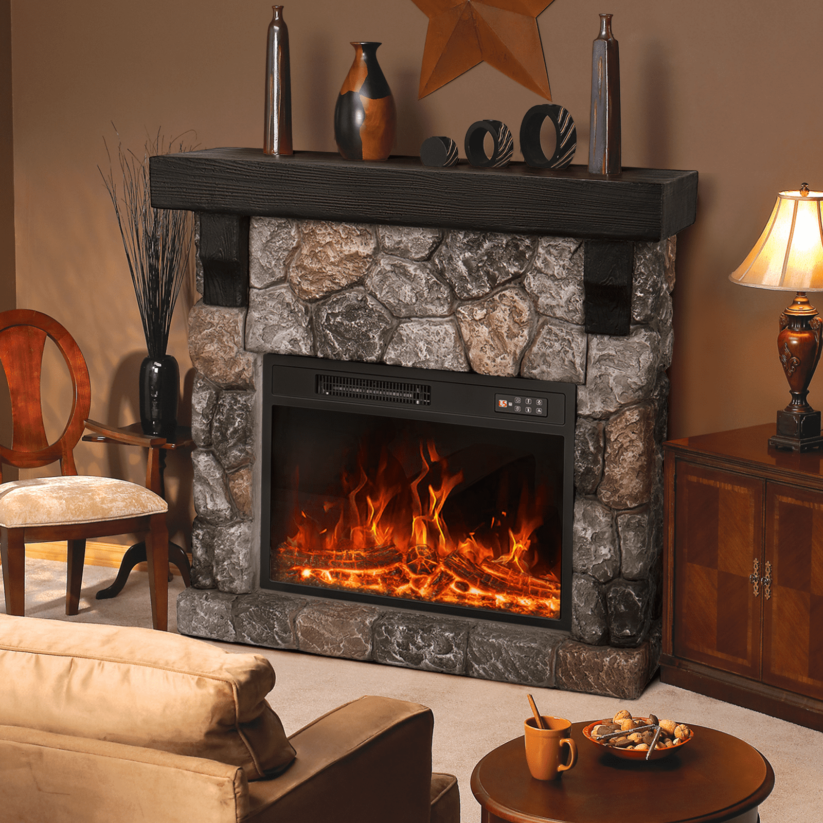 Waleaf Electric Fireplace with Mantel, 36 inch Freestanding Stone Fireplace Heater TV Stand with Remote Control