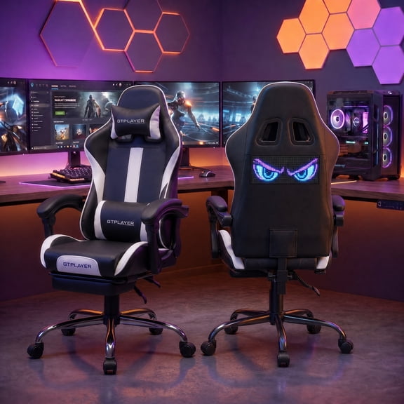 GTPLAYER Gaming Chair with App-Controlled Customizable LED Display, Ergonomic Computer Chair with Footrest, Headrest and Lumbar Support, Black
