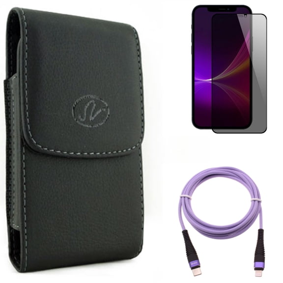 Purple 10ft PD Cable & Case Belt Clip & Privacy Screen Protector for iPhone 13 Pro Max ONLY - USB-C Extra Long Cord Fast Charger   Leather Holster Cover   Tempered Glass Curved Anti-Spy Combo