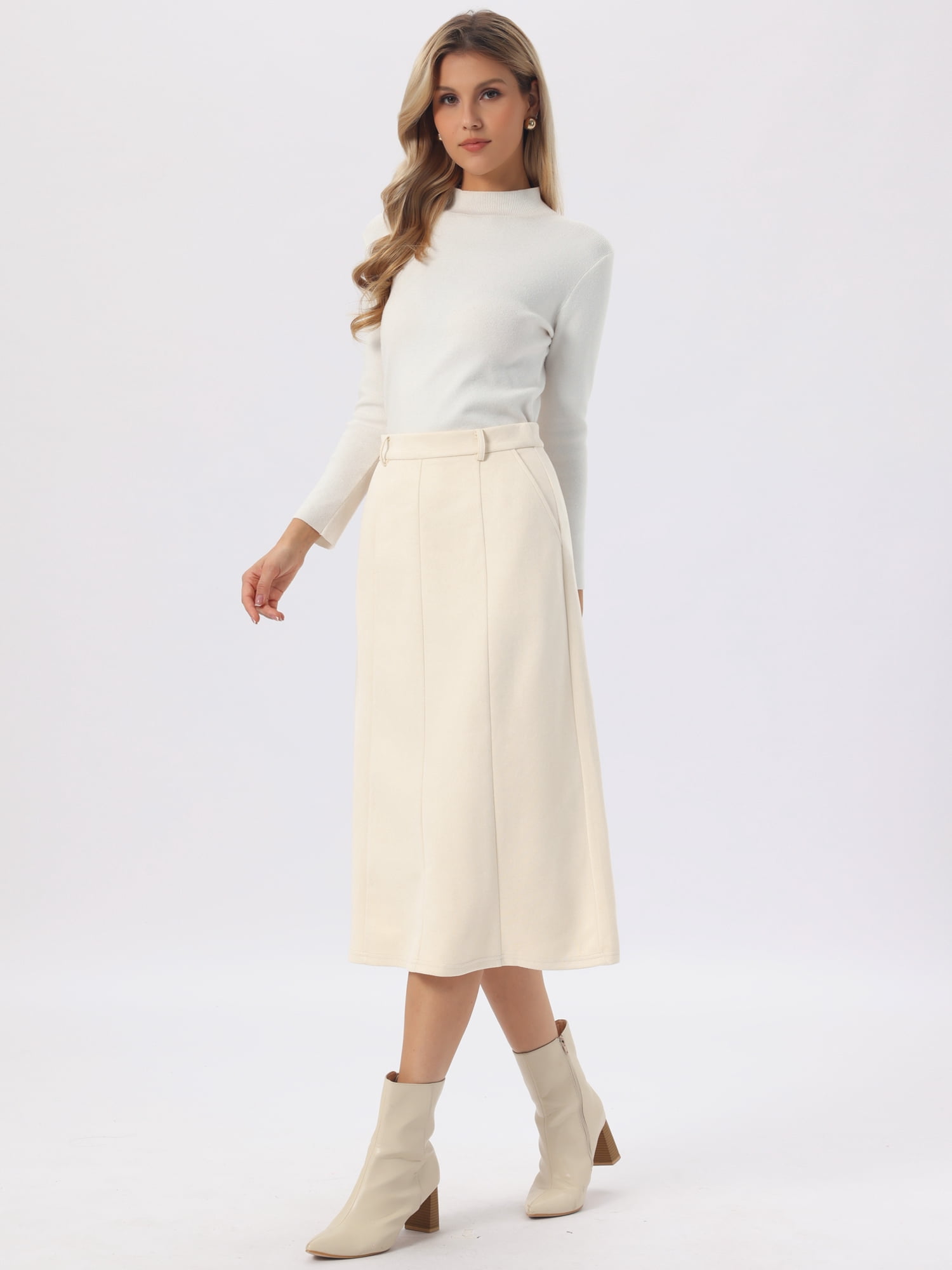 DARING DIVA Women's Faux Suede A Line Midi Skirt with Pockets Large Beige