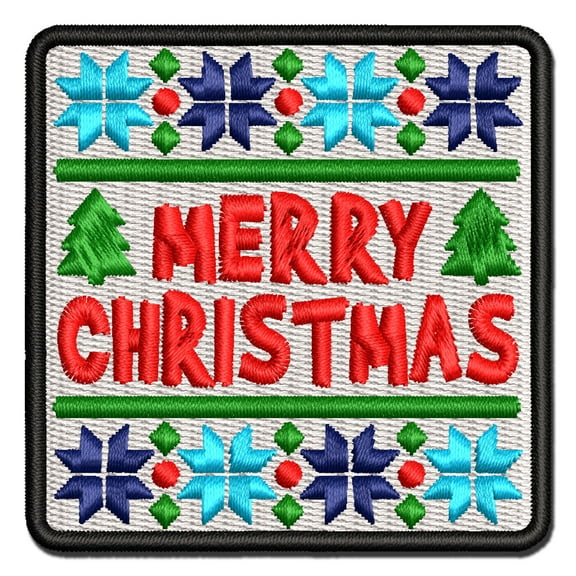 Merry Christmas Sweater Style Applique Multi-Color Embroidered Iron-On Patch - 2.5 Inch Small