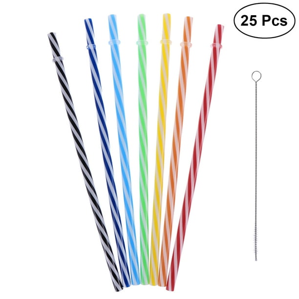 25pcs Two Colors Threaded Non-transparent Reusable Plastic Thick Drinking Straws Mason Jar Straws for Party or Home Use with Brush (Mixed Colors)
