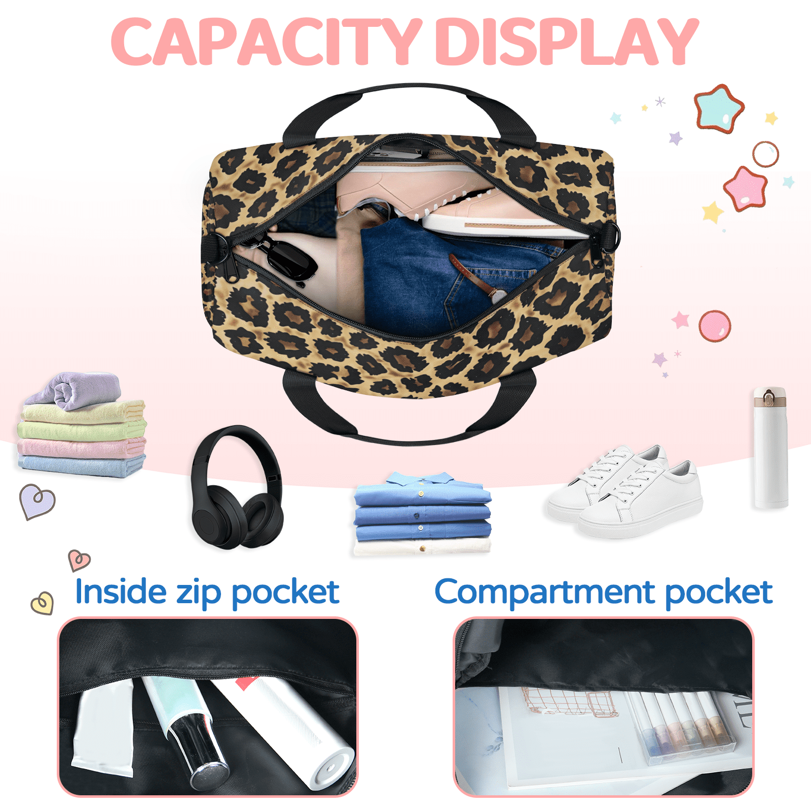 Herdesigns Leopard Print Wild Safari Skin Gym Bag for Women, Duffle Bag for Travel Sport, Lightweight Waterproof Carry on Weekender Overnight Dance Yoga Workout Bags