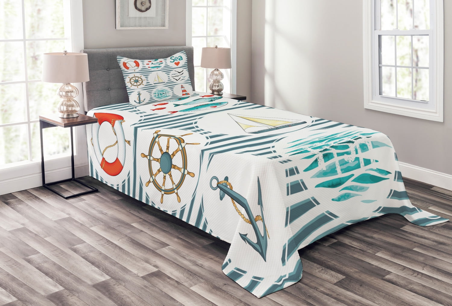 Nautical Bedspread Set, Sea Set with Fishes Lifebuoy Gulls Lighthouse