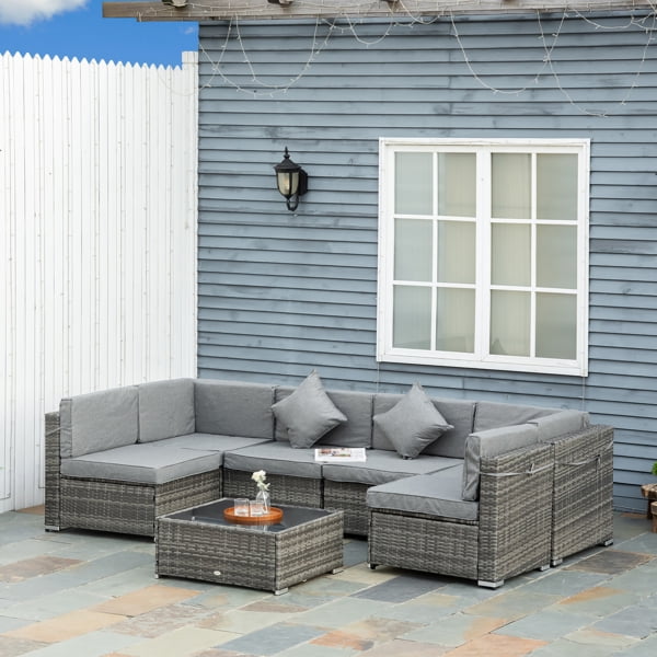 Outdoor Sectional Sofa Set, Grey PE Rattan & Steel Frame, with Coffee Table & Washable Cushions