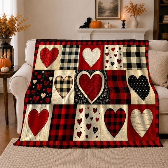 Rustic Buffalo Plaid Hearts Patchwork Design Cream Black, Playful Artistic Scene, Warm Flannel Blanket for Ranch House and Living Room, Animal Lovers Valentine's Day Gift, Artistic Home Decor