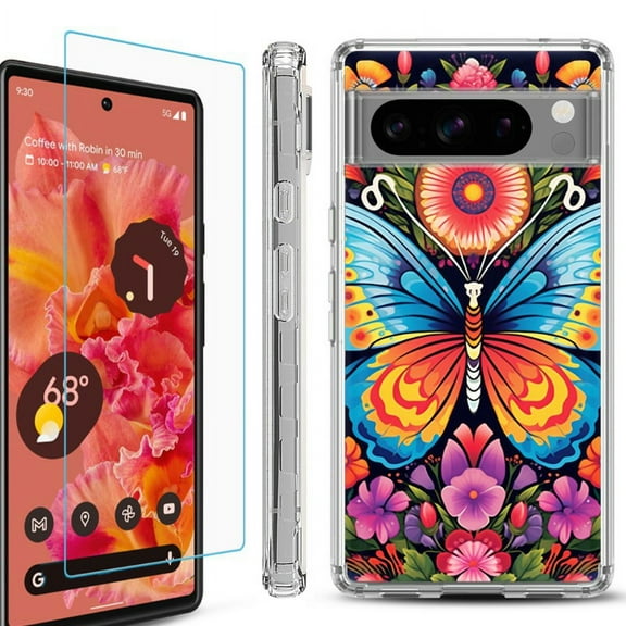 OneToughShield ® Compatible with Google Pixel 8 Pro, Shockproof Phone Case, with Tempered Glass Screen Protector - Butterfly Garden
