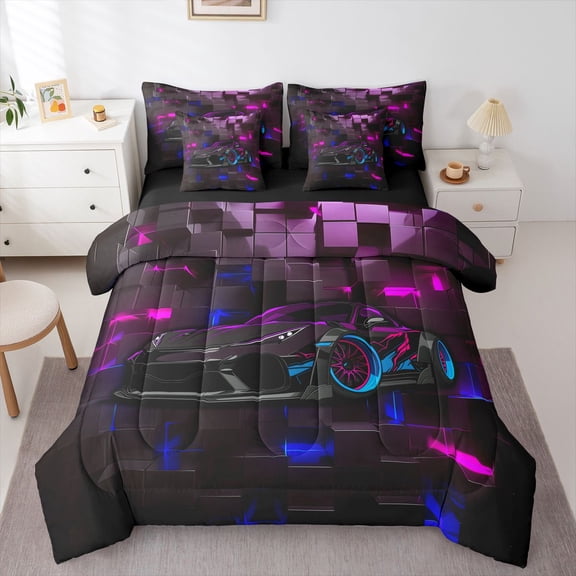 Manfei Race Car 7-Piece Twin Bedding,Classic Geometric Plaid Bedding Comforter Set,Purple,Black Reversible