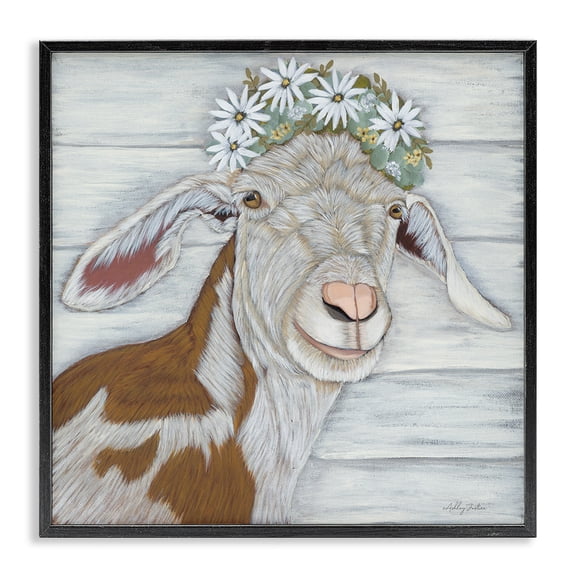 Stupell Industries Cottage Country Goat Daisy Flower Crown Black Framed Giclee Art, 17 x 17, by Ashley Justice