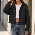 thumbnail image 4 of Hooded Zip Women Cropped Jackets Long Sleeve Sweatshirt with Pocket,Drop Shoulder Casual Fall Winter Daily Home Outdoor Wear,Black,S, 4 of 9