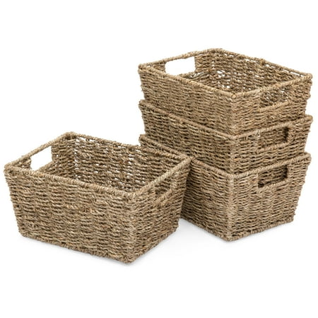 Wicker Storage With Lid Baskets Best Choice Products Seagrass Multipurpose Stackable Storage Laundry Organizer Tote Baskets for Bedroom, Living Room, Bathroom w/ Insert Handles, Set of 4 ()