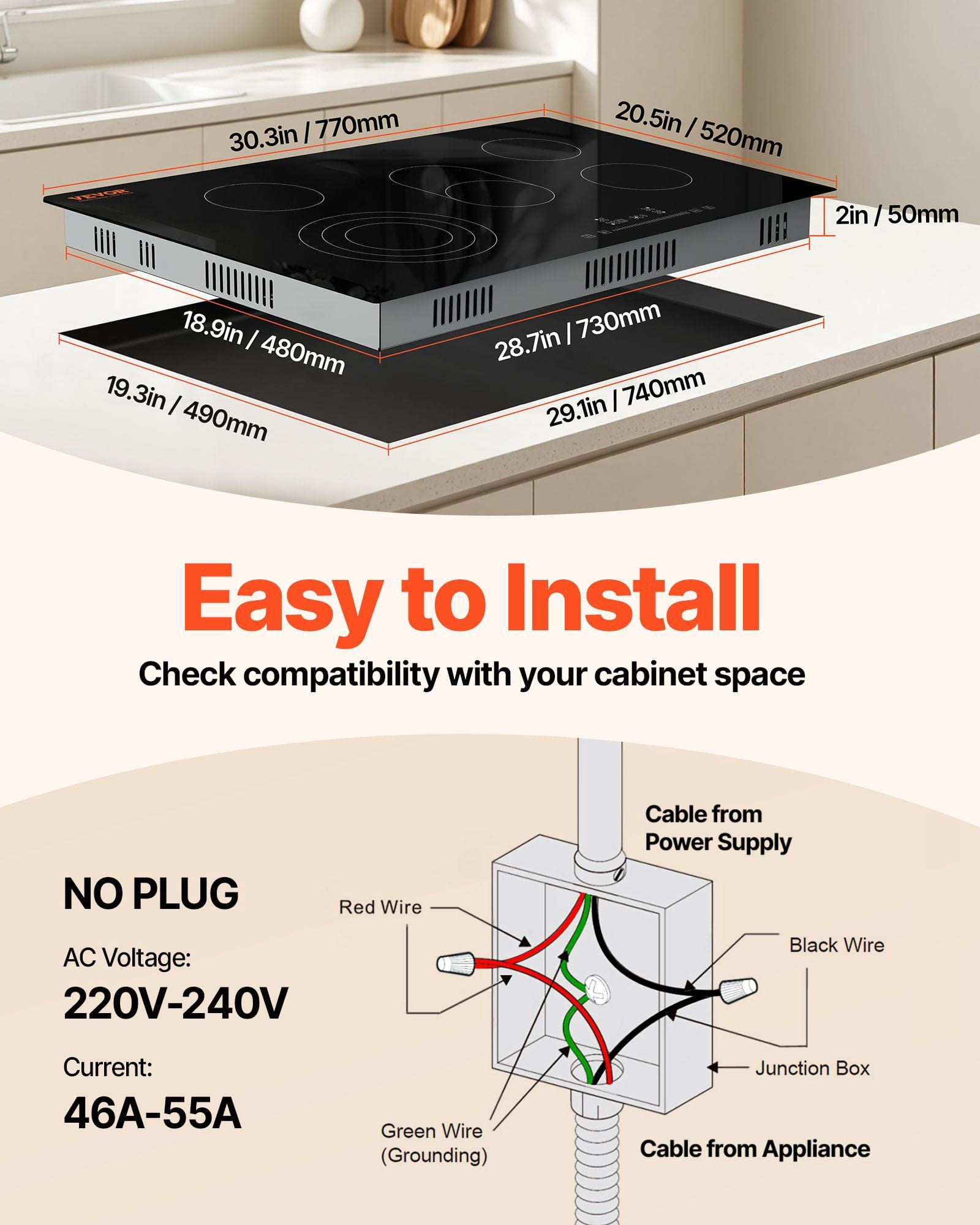 Built in Electric Stove Top 30.3 x 20.5 Inch 5 Burners 240V Glass Radiant Cooktop with Sensor Touch Control Timer Child Lock 9 Power Levels for Simmer Steam Slow Cook Fry