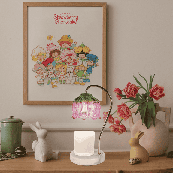 Strawberry Shortcake Candle Warmer Lamp, Dimmable Candle Lamp with Built in Timer, Glass Strawberry Pink Dome, Gold Pole, White Marble Ant-slip Base, 50W Bulb, Wall Plug-in Heat Lamp (Pink)