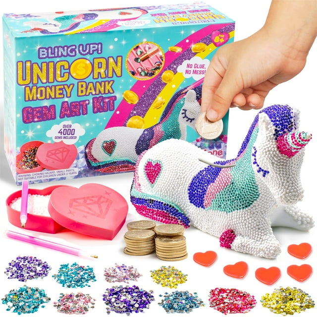 Kit de manualidades GirlZone con forma de banco de unicornios, pintura DIY con diamantes