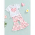 thumbnail image 3 of Seyurigaoka 2 Pcs Girls Boho Pants Set Heart Letter Flower Print Short Sleeve Round Neck T-Shirt + High Waist Stretch Flared Trousers, 3 of 8
