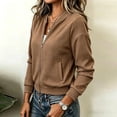 thumbnail image 5 of Vynhevius Women Bomber Jacket Solid Stand Collar Zip Up Textured Long Sleeve Pockets Casual Outerwear, 5 of 6