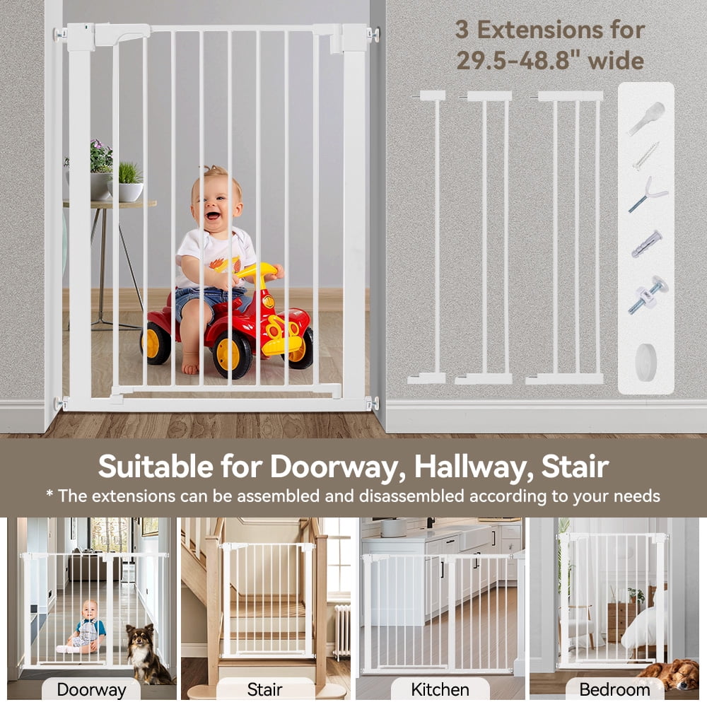 Baby Safety Gate, Caveen 36" Tall, 29.5-48.8" for Stairs and Doorway,Pressure Mount Baby Gate for Ages 6 to 36 Months, White