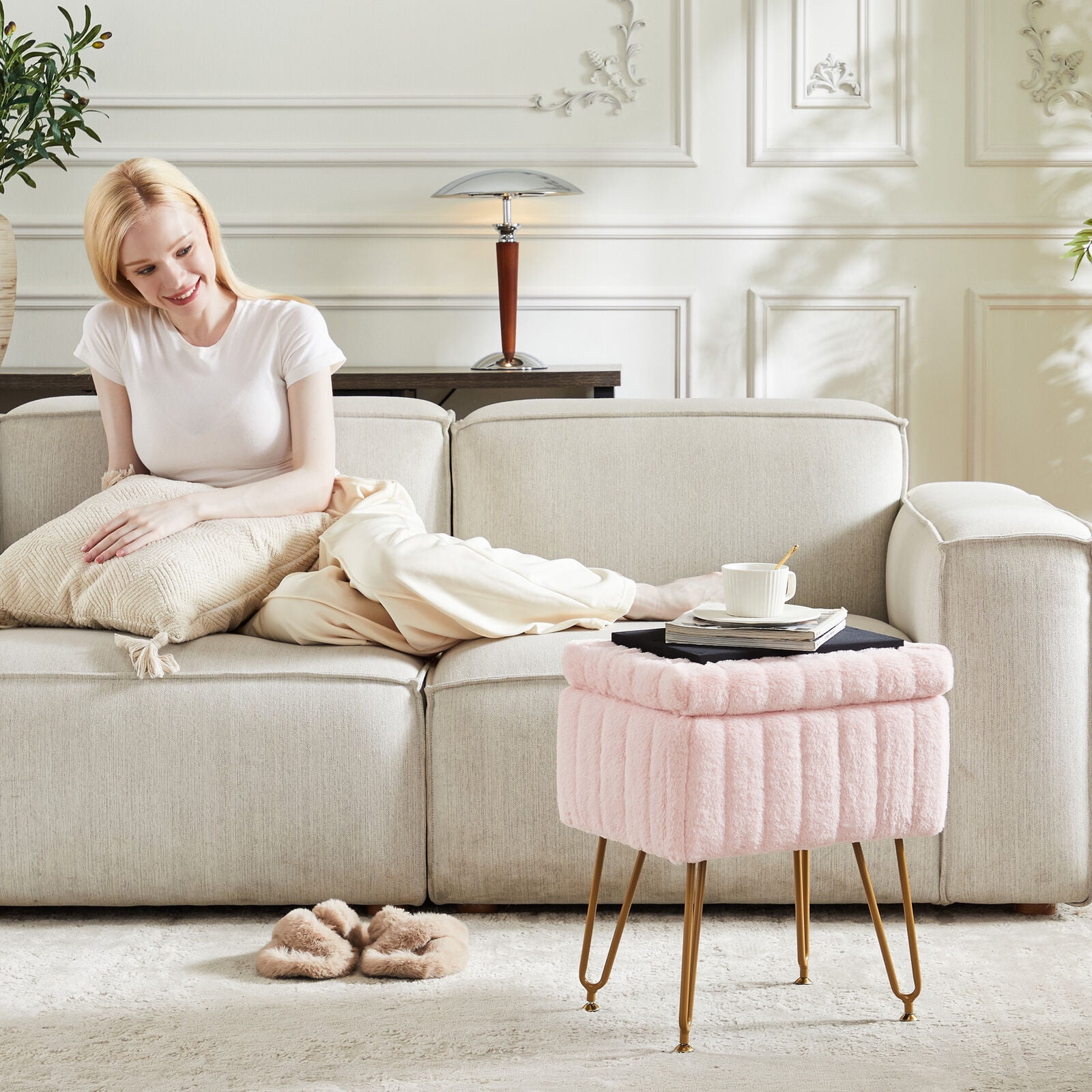 Simenmax Vanity Stool Chair with Storage, Ottoman Faux Fur Soft Padded Makeup Footstools Seat with 4 Metal Legs Anti-Slip Adjustable Feet Modern Cute Small Footrest for Home Entryway Bedroom,Pink