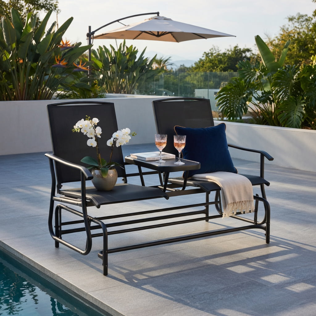 Hommoo 2-Person Outdoor Rocking Loveseat with Tempered Glass Center Table, Steel Frame Patio Seating, Black
