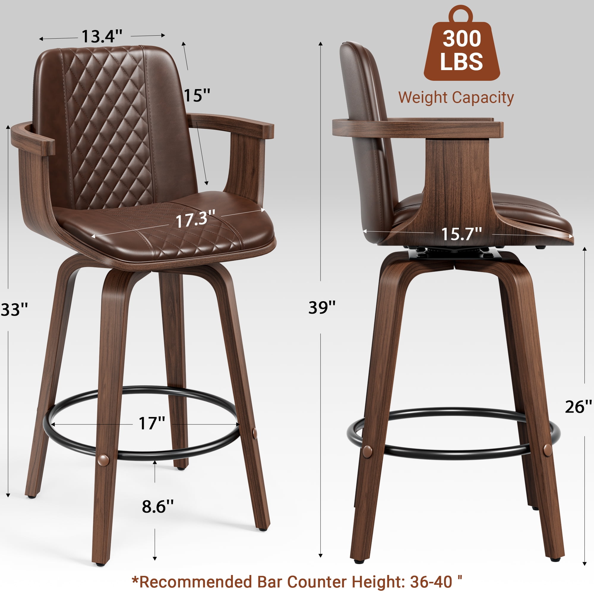 LainTene Bar Stools Set of 4, 26" Bentwood Barstools with Arms High Back, Mid-Century Modern Counter Height Swivel Bar Chairs for Kitchen Island