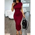 thumbnail image 4 of Women Round Neck Short Sleeve Solid Bodycon Midi Dress Side Slit for Daily Party, 4 of 4
