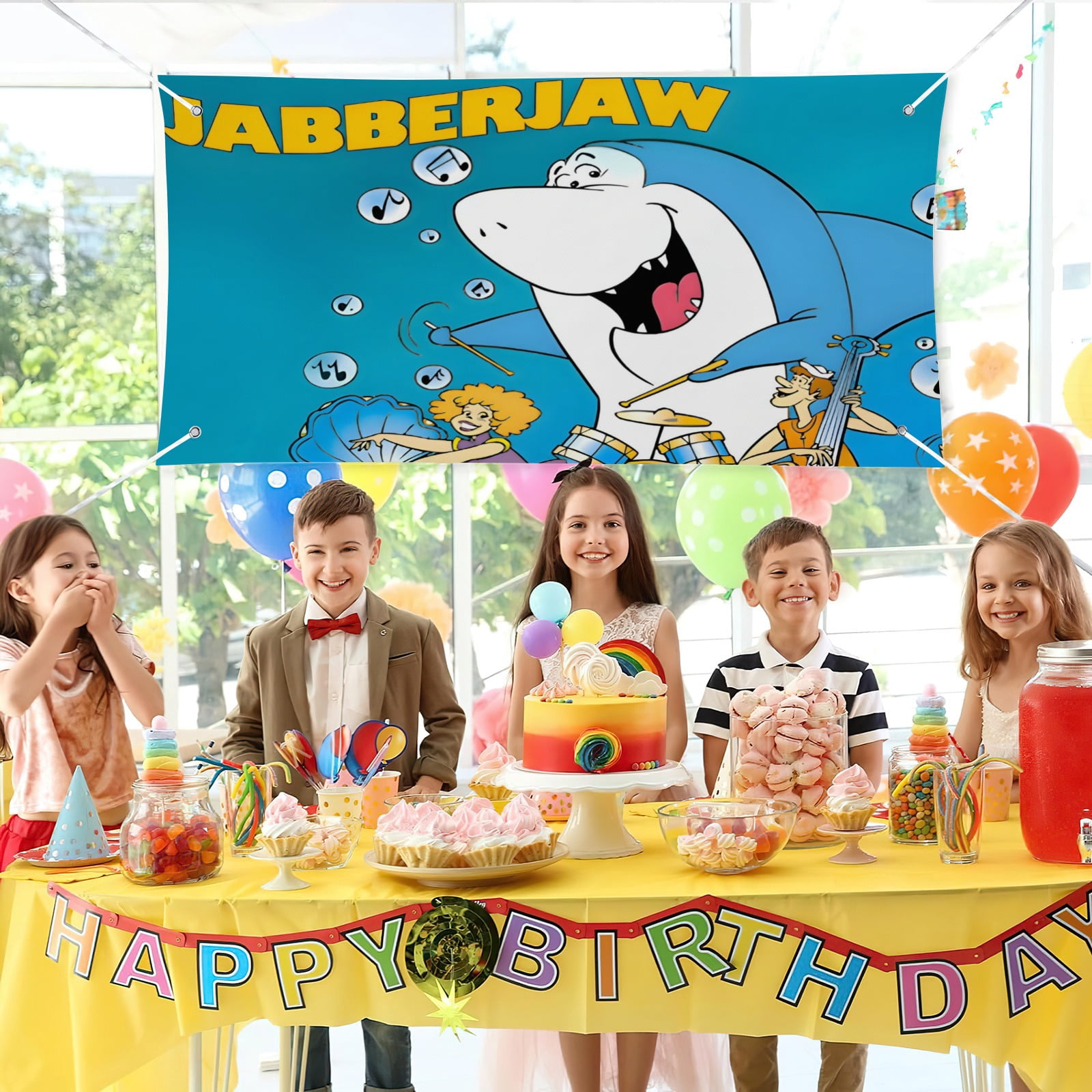 Jabberjaw-Theme Backdrops Banner Birthday Party Decor Supplies Personalized Party Backdrop Decoration,5x3ft（150x90cm）