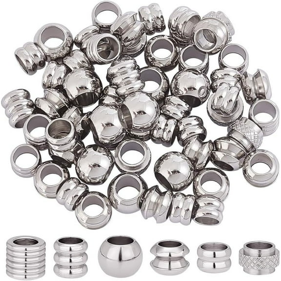 1box 100pcs 6 style 201 Stainless Steel European Beads sets Large Hole Beads Column & Rondelle Stainless Steel color 6~8x3.8~7mm Hole: 4~4.5mm