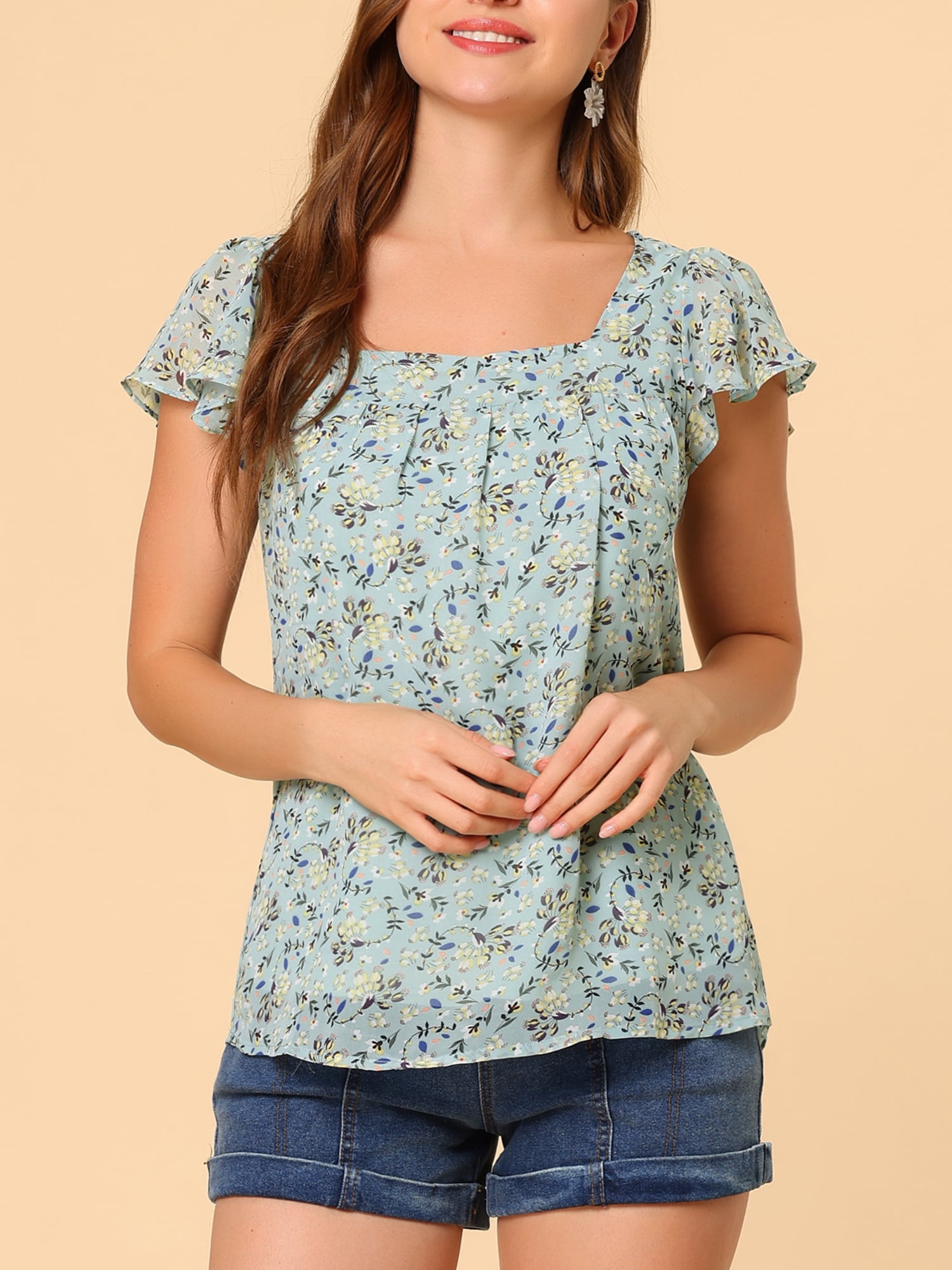Unique Bargains Women's Square Neck Floral Ruffle Sleeve Chiffon Blouse Top S Mint Green Floral