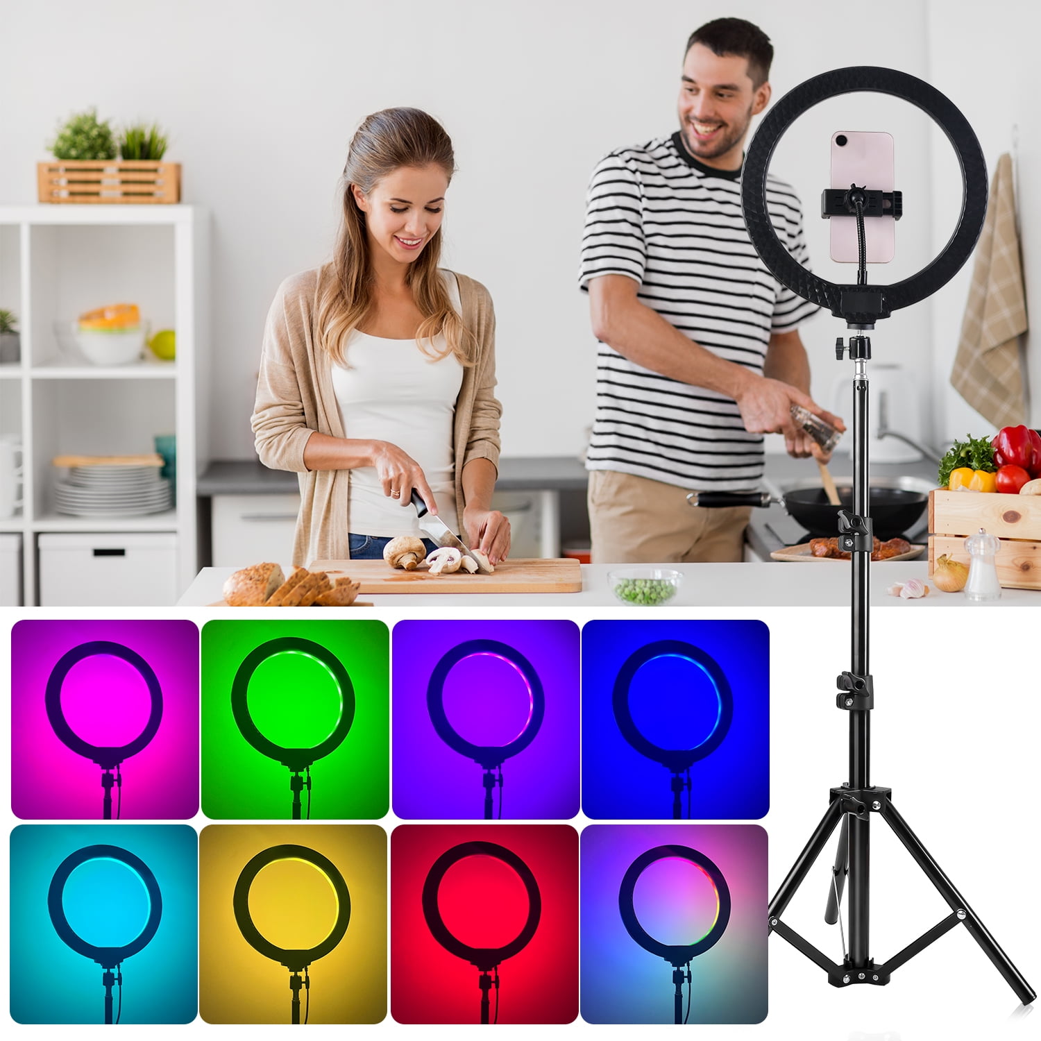 ZOMEI 10 Inch RGB Ring Light with Adjustable 63" Tablet Stand, Dimmable LED Circle Fill Light Kit for TikTok Live Streaming Makeup YouTube Video Recording Photography Content Creation