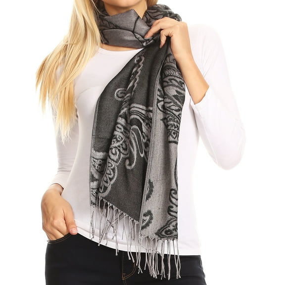 Sakkas Sarah Reversible Silky Soft Brocade Scarf Shawl Stole with Fringe - Black - One Size Regular