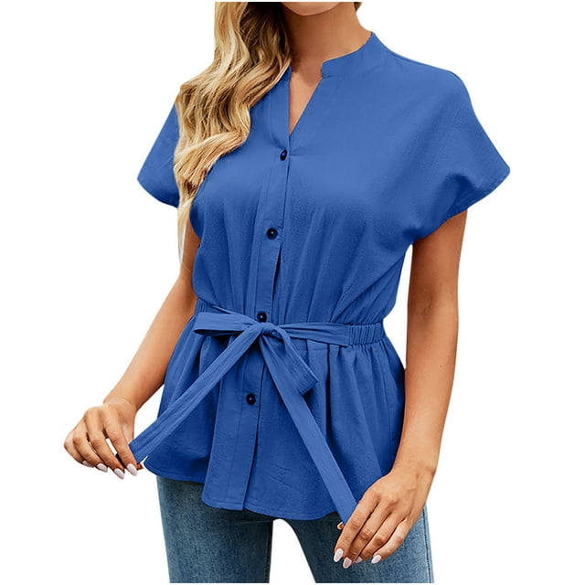 Pompotops Mode Femmes Été Manches Courtes Bandage Couleur Unie Blouse Décontractée