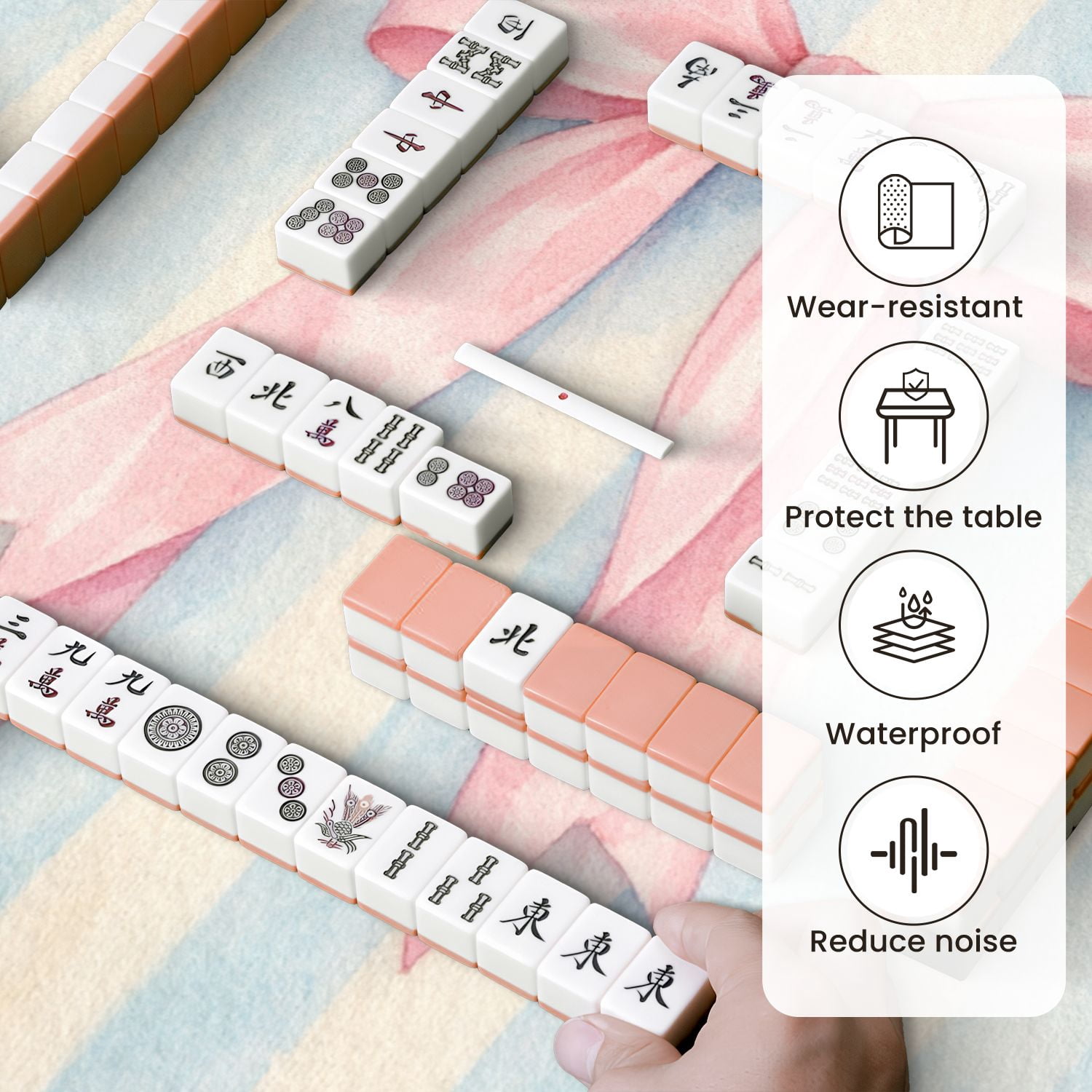 Mahjong Mat 31.5" x 31.5" Pink Bow Light Blue White Striped Soft Watercolor Style Non-Slip Noise Reduction Mahjong Tiles Table Cover for Dominoes Poker Card Board and Tile Games